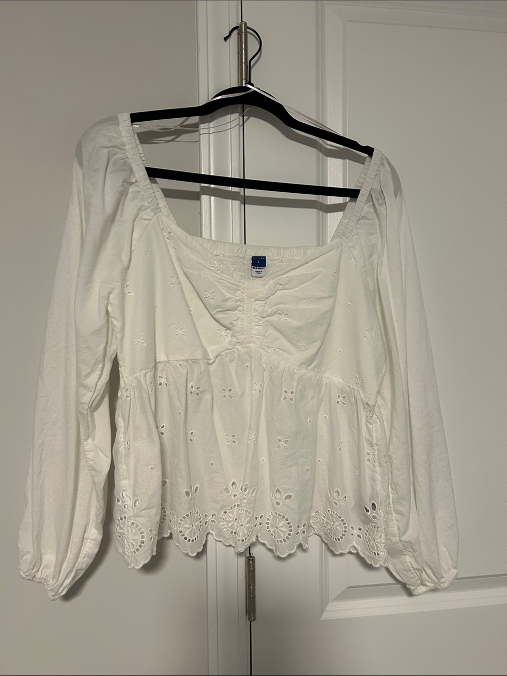 Old Navy White Eyelet Peasant Blouse - Square Neck Long Sleeve